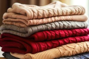 Stack of various colorful knitted warm sweaters. Generative AI photo