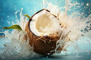 A smashed coconut with milk splashes in the background. Generative AI photo