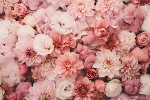 Flowers wall background. Fresh blooming flowers texture in pink colors. Generative AI photo