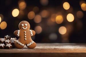 Navidad alimento. pan de jengibre hombre galletas en Navidad ajuste. generativo ai foto