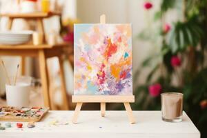 Small easel with a canvas showcasing. Abstract oil painting. Generative AI photo