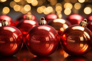 rojo lustroso Navidad adornos nuevo año saludo tarjeta en borroso luces antecedentes. generativo ai foto