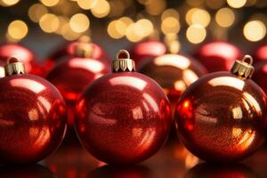 Red glossy Christmas baubles. New Year greeting card on blurred lights background. Generative AI photo