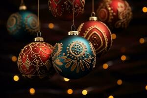 florido decorado Navidad pelota en borroso luces antecedentes. generativo ai foto