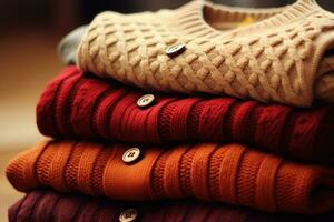 Stack of various colorful knitted warm sweaters. Generative AI photo