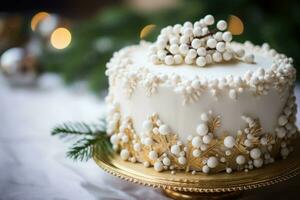 Decorated Christmas cake complete with intricate frosting design. Generative AI photo