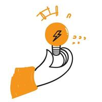 hand drawn doodle light bulb with electricity symbol vector