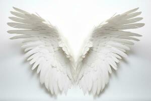 White angel wings spread wide opened with detailed feathers. Generative AI photo