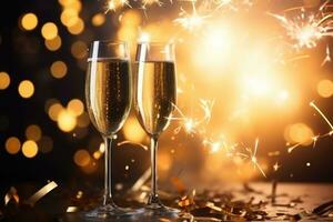 New year's eve celebration background with champagne. Golden bokeh. Generative AI photo