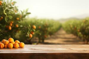 Fresh oranges. Empty wood table with free space over orange trees. Generative AI photo