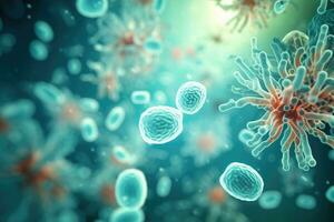 Probiotics. Science biological background. Microscopic bacterias. Generative AI photo