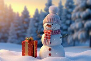 Snowman surrounding with gift boxes on snowy background. Generative AI photo