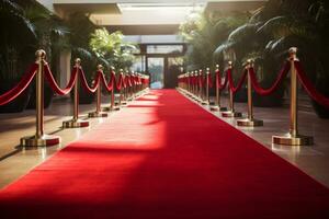 Red event carpet with rope barrier. Concept of success and triumph. Generative AI photo