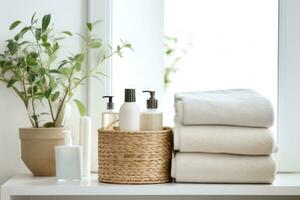 Corner of the bathroom cabinet. Shelving unit and baskets with clean towels and toiletries. Generative AI photo