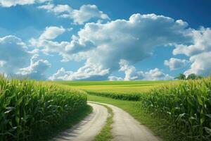 Corn field and a road in the middle of the picture. Background with blue sky and white clouds. AI generated photo