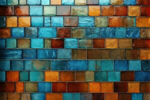Colored glass mosaic in various squares in the light beige and emerald colors. AI generated photo