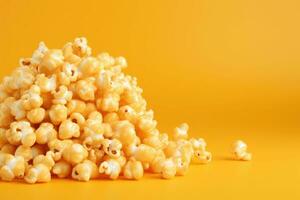 Caramel coated popcorn on a orange background. Generative AI photo