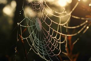 Cold dew condensing on a spiderweb with morning light rays in the background. Generative AI photo