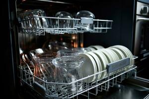 Open dishwasher with clean glass, cups, plates and dishes. Generative AI photo