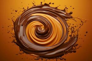 Liquid chocolate spiral splash explosion. Generative AI photo