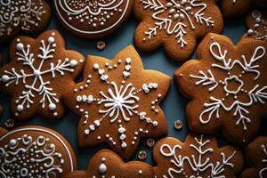 Gingerbread cookie pattern with icing details. Generative AI photo