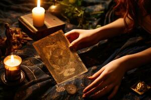 Woman's hand holding a tarot card. Fortune teller reading tarot cards. Generative AI photo