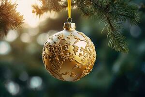 Golden decorative Christmas tree ball on a Christmas tree. Generative AI photo