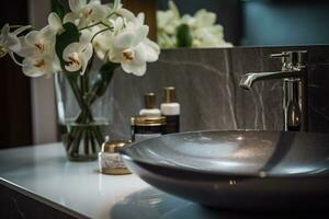 Bathroom in a modern luxury house. Bathroom counter with sink and beautiful flowers. AI generated photo