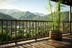 Balcony view of the bamboo forest, blurred mountains in the background. Generative AI photo