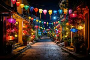 Many kind of lanterns hanging on street market. Colorful tradition lanterns in chinese style. Generative AI photo