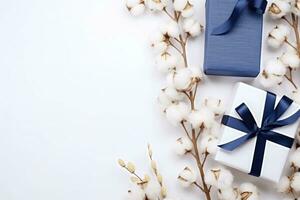 Navy gifts boxes on white background with flowers cotton branches. Generative AI photo