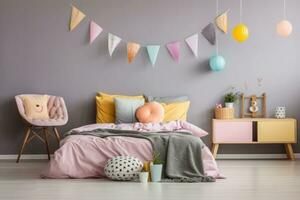 Cheerful kids bedroom with comfortable bed and desk decorated in a pastel colors. Generative AI photo