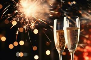 New year's eve celebration background with champagne. Golden bokeh. Generative AI photo
