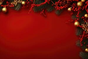 Navidad abeto sucursales, decoración y guirnaldas en rojo antecedentes. generativo ai foto