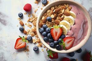 Healthy yogurt and fruit smoothie bowl decorated with strawberry, blueberry and oat grain. Generative AI photo