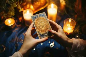 mujer mano participación un tarot tarjeta. fortuna cajero leyendo tarot tarjetas generativo ai foto