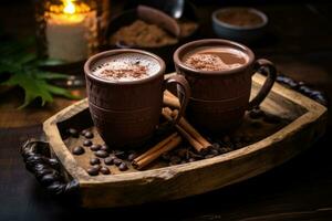 Two cups of hot cocoa on a wooden tray. Organic healthy chocolate drink prepared from cocoa beans. Generative AI photo