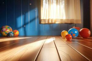 Children's room interior with toys on the wooden floor. Playroom with plastic colorful toys. Generative AI photo