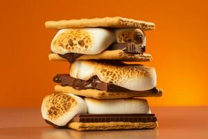 Homemade marshmallow smores with chocolate on crackers. Generative AI photo