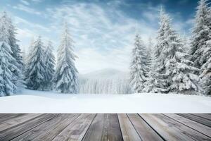 invierno escénico paisaje. de madera piso esparcido con nieve en bosque borroso antecedentes. generativo ai foto