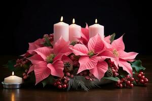 A festive holiday arrangement featuring pink poinsettias and candles. Generative AI photo