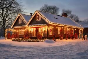 A country house decorated with a christmas light garland. Generative AI photo