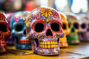 Colorful traditional mexican ceramic skulls. Generative AI photo