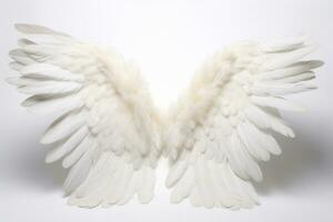 White angel wings spread wide opened with detailed feathers. Generative AI photo