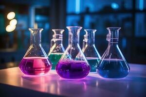 Flasks with colorful reagents in laboratory. Laboratory diagnostics. Generative AI photo