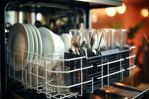 Open dishwasher with clean glass, cups, plates and dishes. Generative AI photo