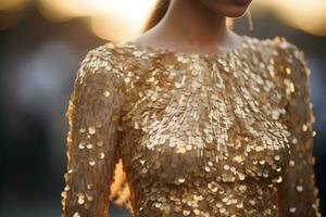 Part of golden women dress. Expensive dress in sequins. Brilliant fashion look. Generative AI photo