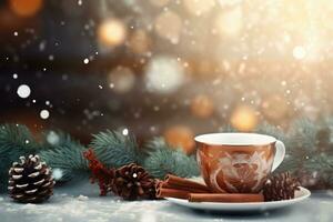 Christmas background with coffee cup, festive decorations, ice crystal snowflakes and fir branches. Generative AI photo