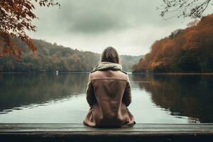 Woman in jacket sitting on the small bridge with a view on beautiful lake, back view. Generative AI photo