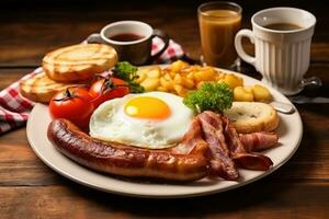 English breakfast on the white plate, eggs with liquid yolk, sausages, fork and knife, croissants, coffee with milk. Generative AI photo
